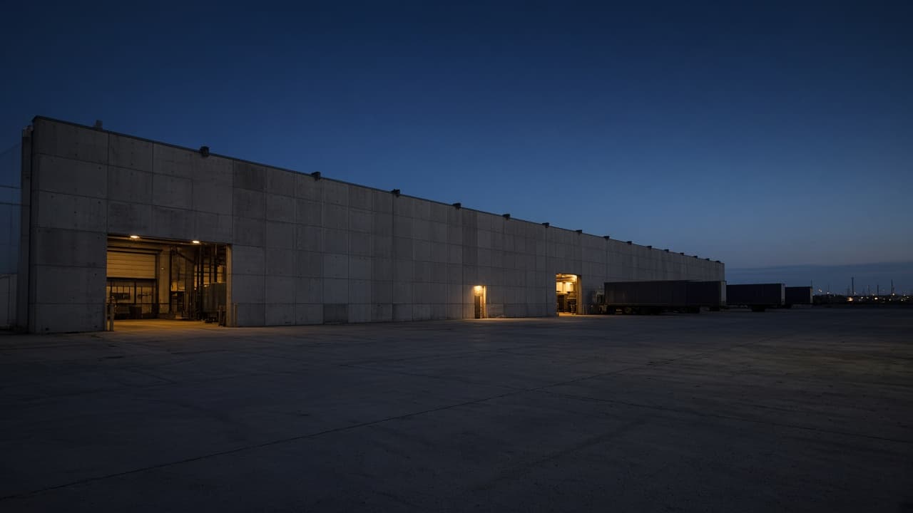 Industrial warehouse and truck court at dusk