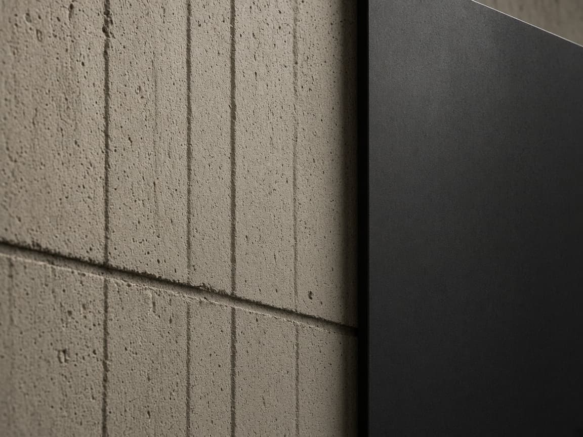 Board-formed concrete meeting a steel edge