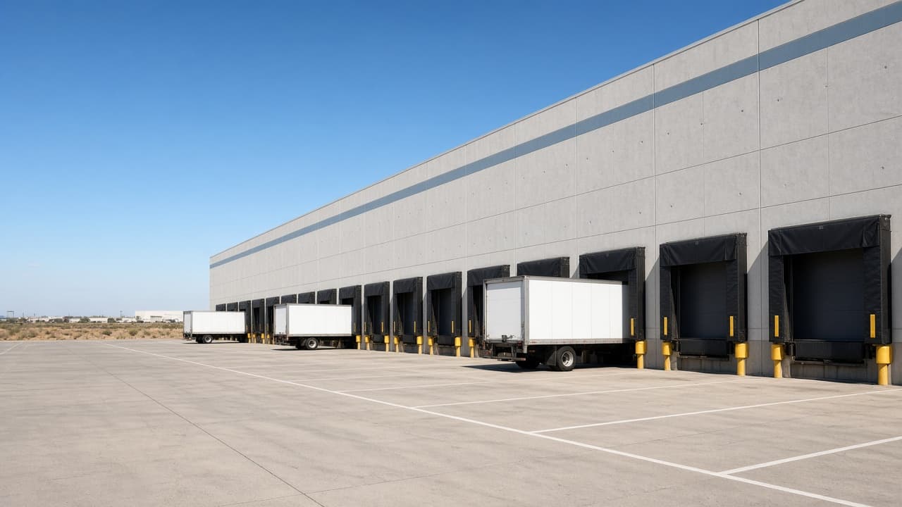 Front of the Goodyear distribution center, a long light-gray building with a truck court.