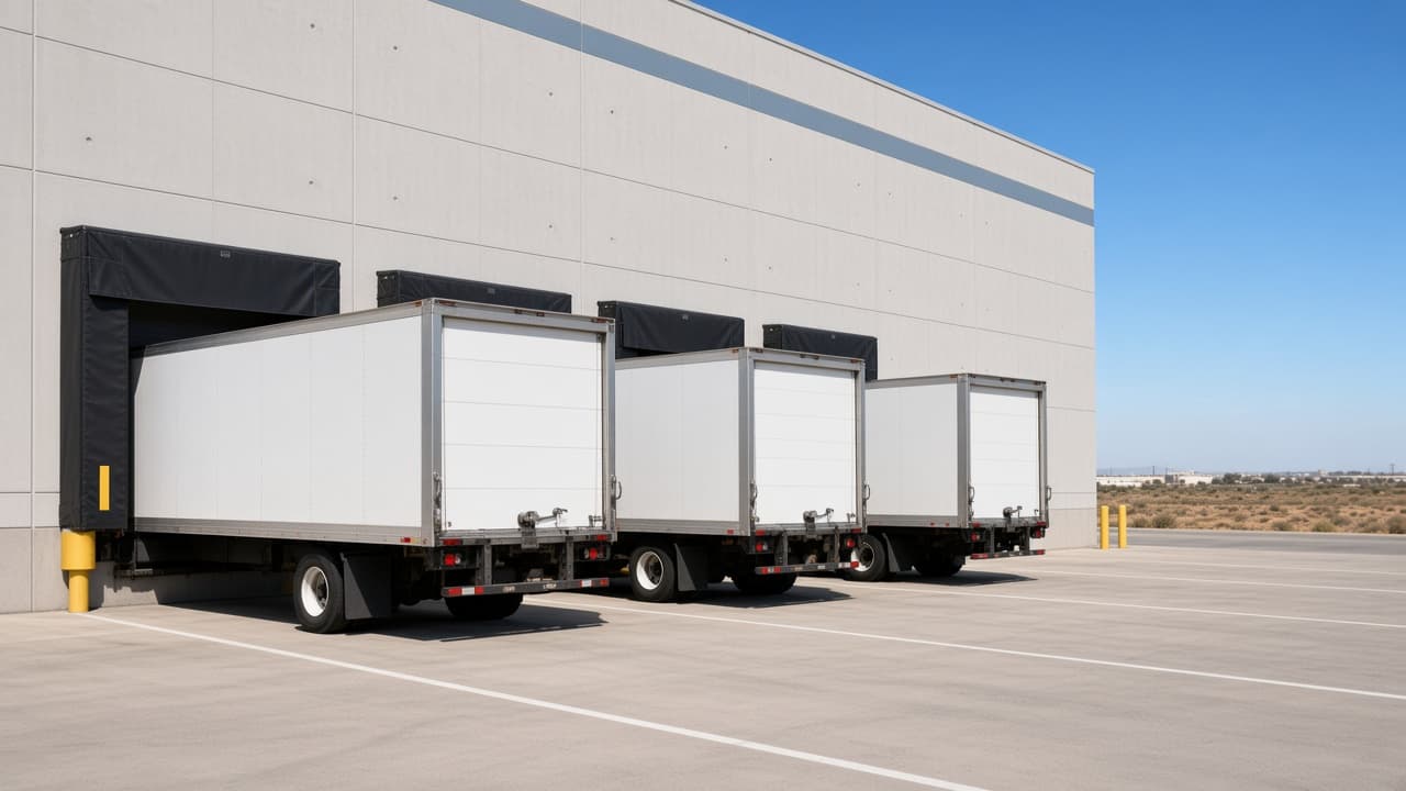Box trucks at the loading docks of the Goodyear distribution center.