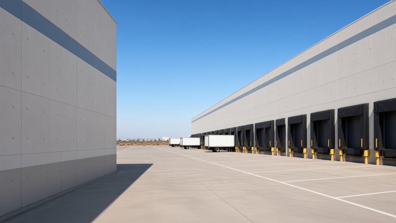 Far end of the Goodyear distribution center, with the same dock wall and flat desert horizon.