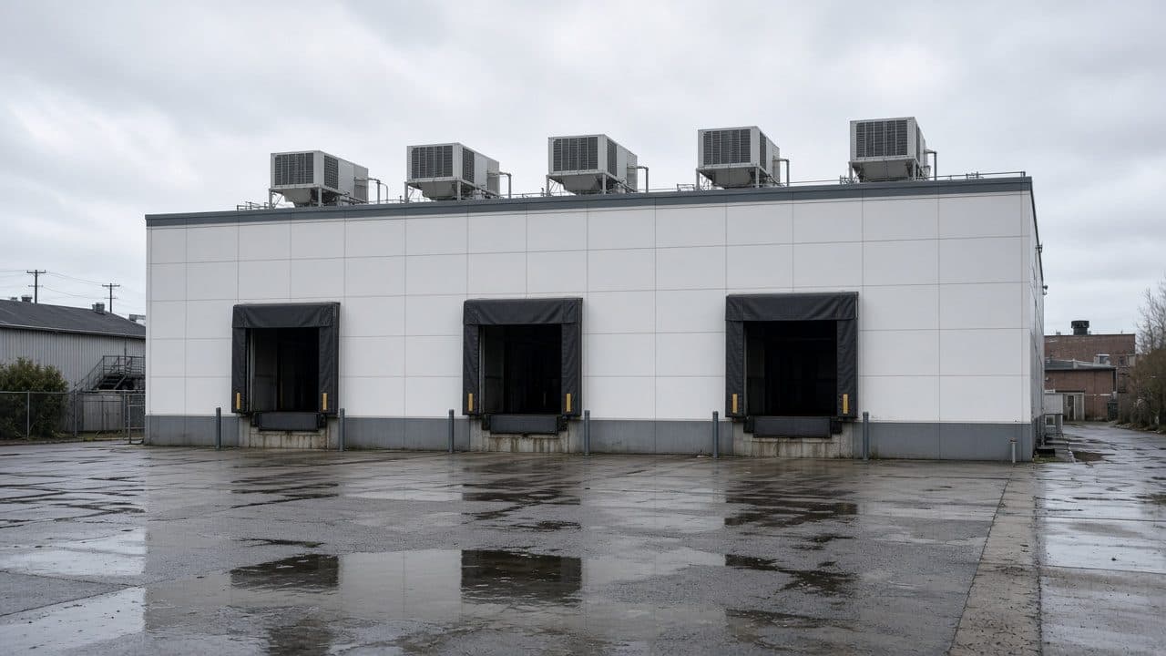 White cold-storage building in Kent, with three open docks and four rooftop refrigeration units.