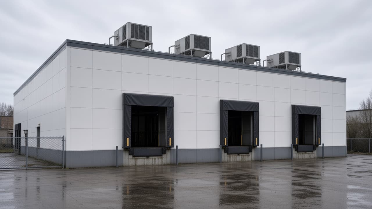 Side of the Kent cold-storage building, with the same white panels and rooftop units.