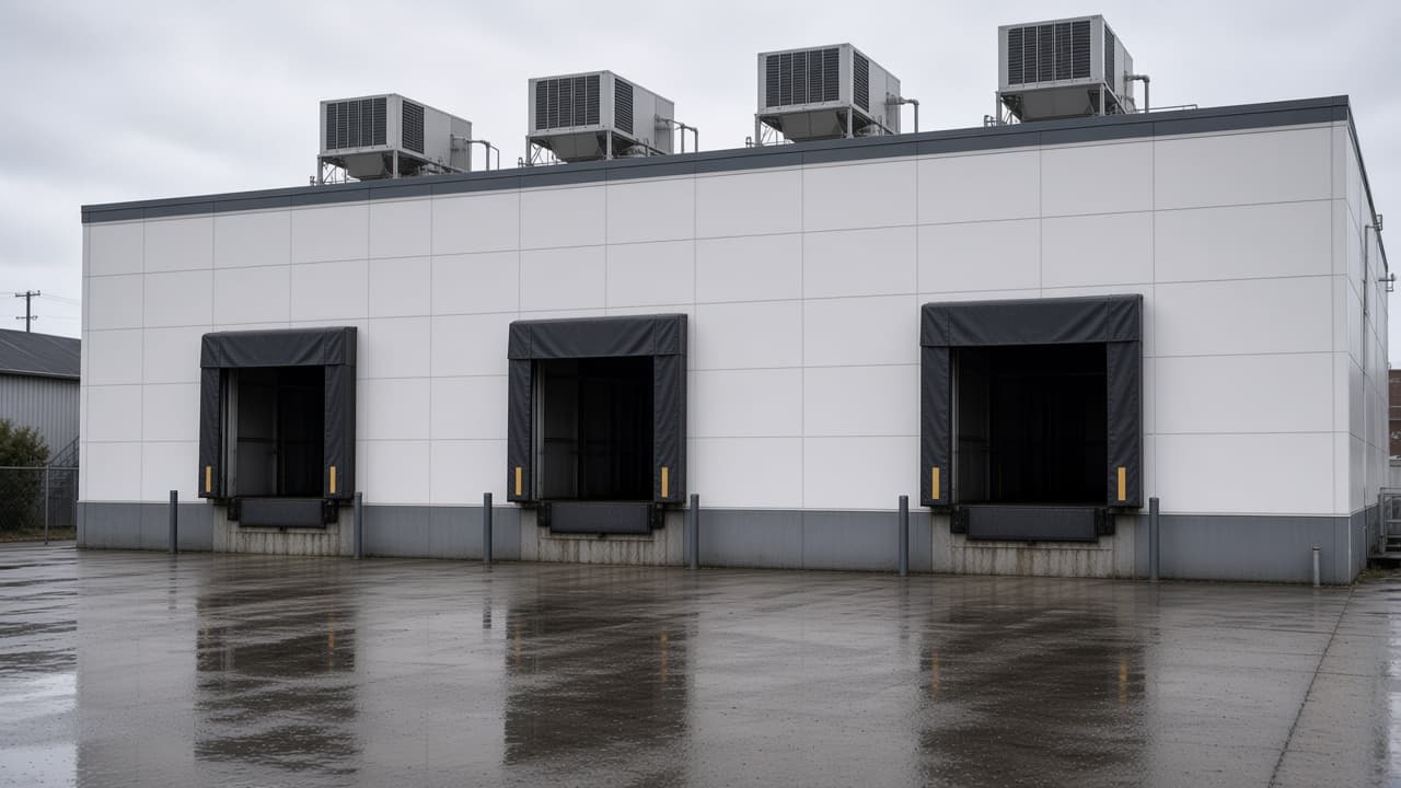 Loading docks of the Kent cold-storage building on the wet concrete yard.