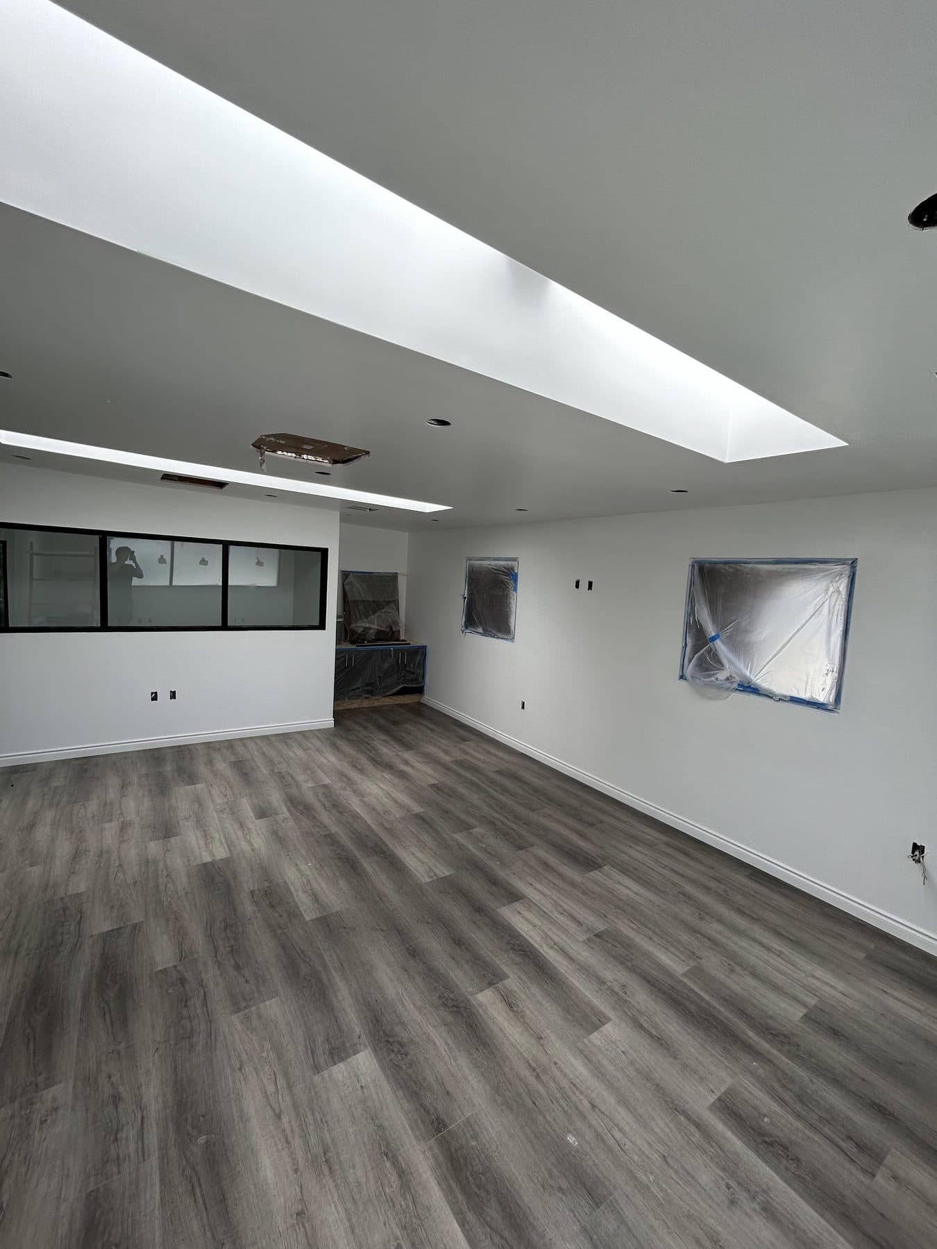 Finished office interior at the Moorpark Street project, with a linear skylight.