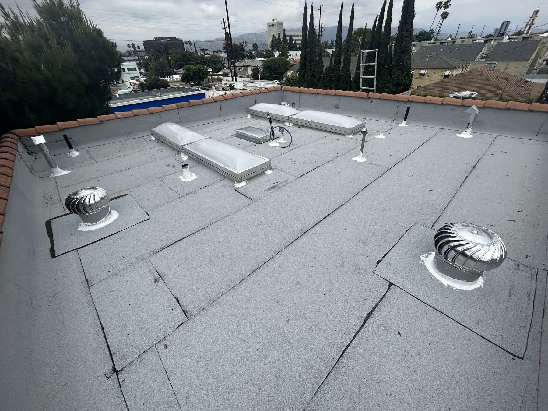 Roof of the Moorpark Street building, with skylights and turbine vents.