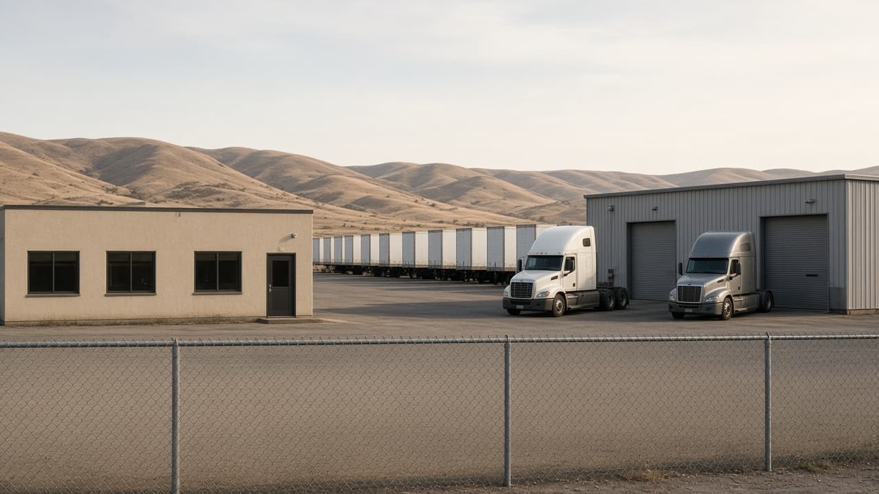Pasco truck terminal, with a stucco office, a metal shop, and tractors inside a fenced yard.