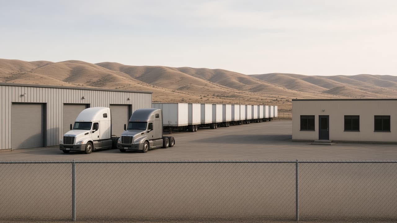 The Pasco truck terminal yard from the opposite side, with the shop, trailers, and office.