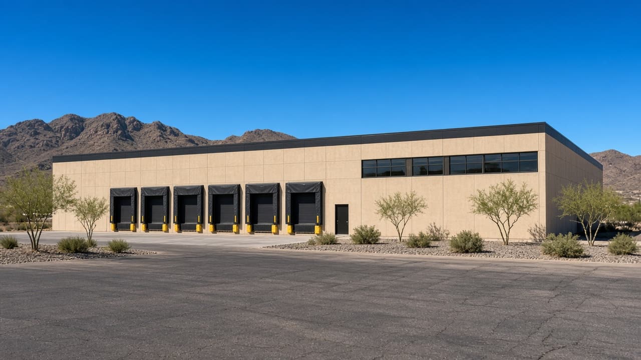 Front of the Phoenix warehouse, a sand-colored tilt-up building with six loading docks.