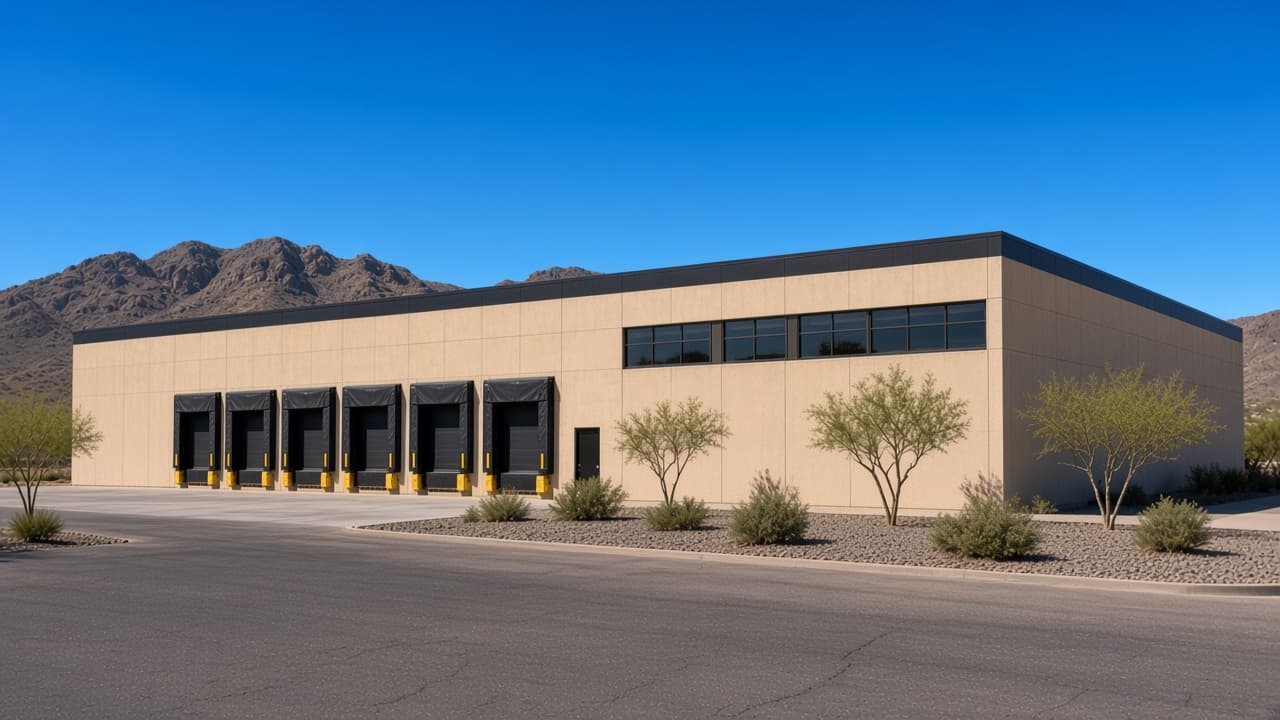 Corner of the Phoenix warehouse, with desert landscaping and the same dock wall.