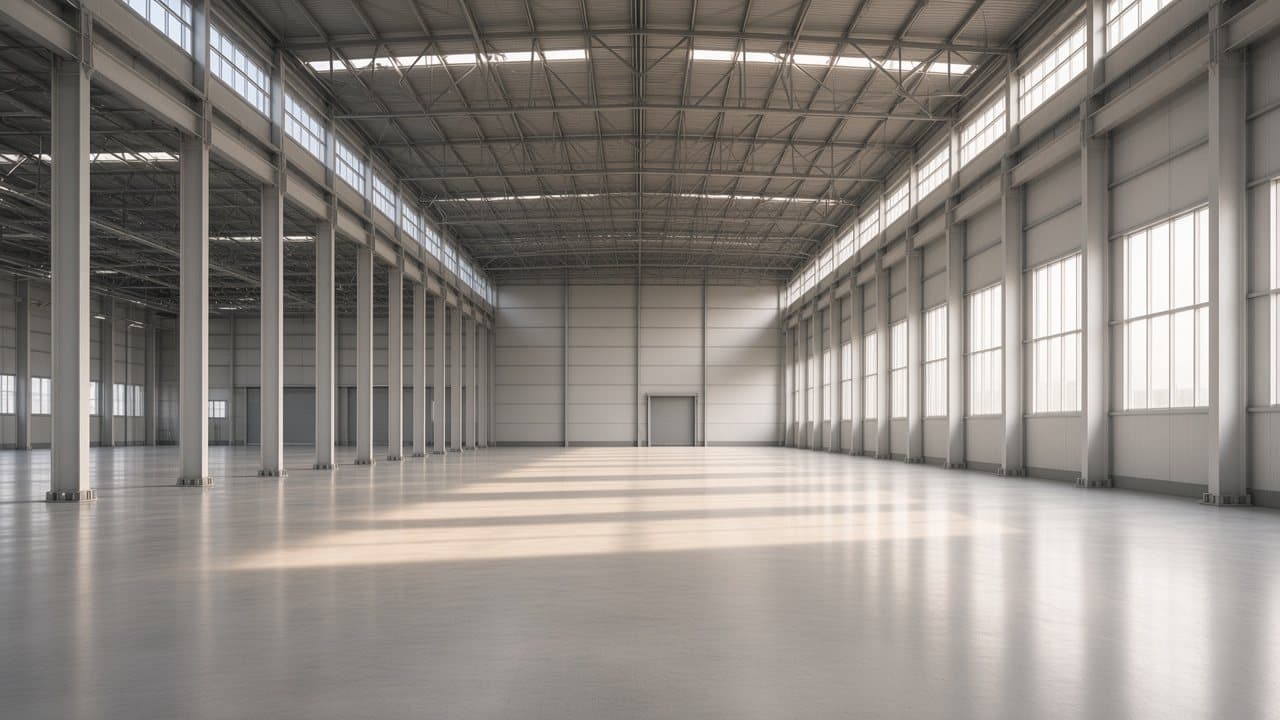 Stock photograph of an empty high-bay warehouse interior